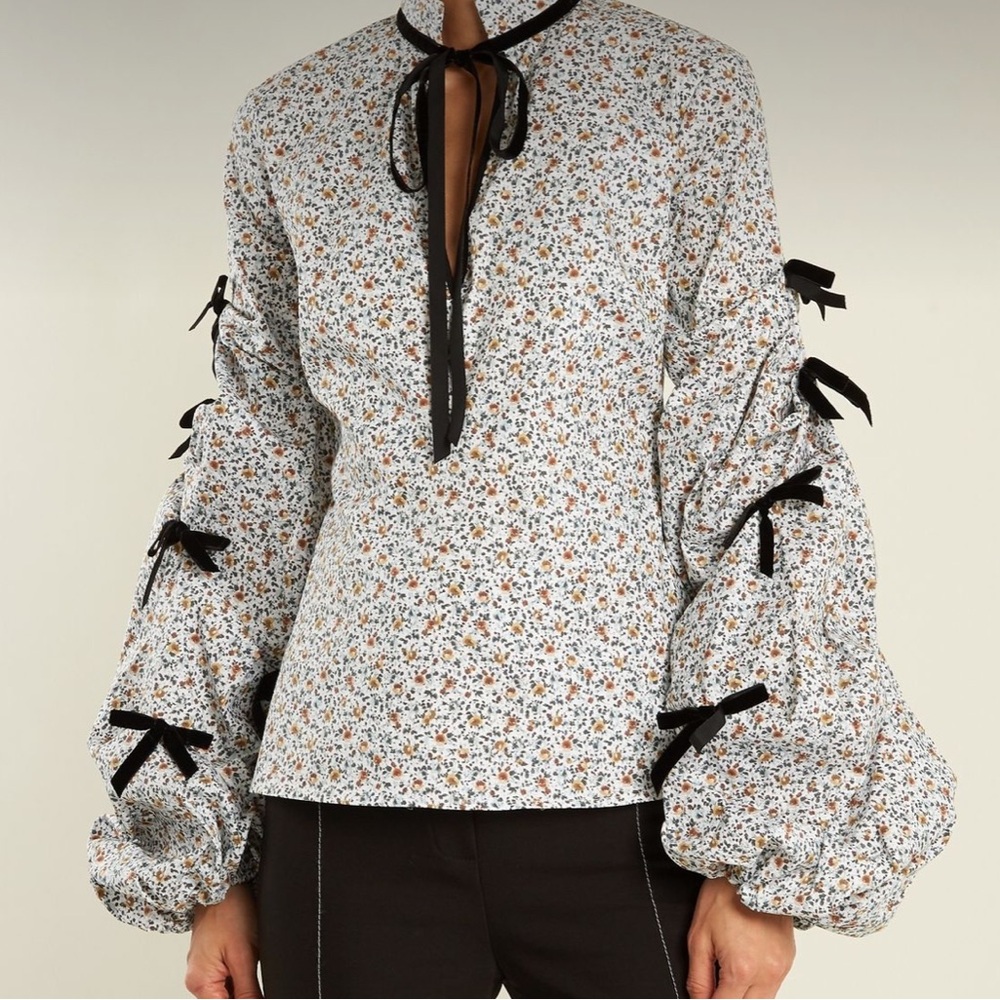 Caroline Constas Stella floral stretch cotton bow top sz small